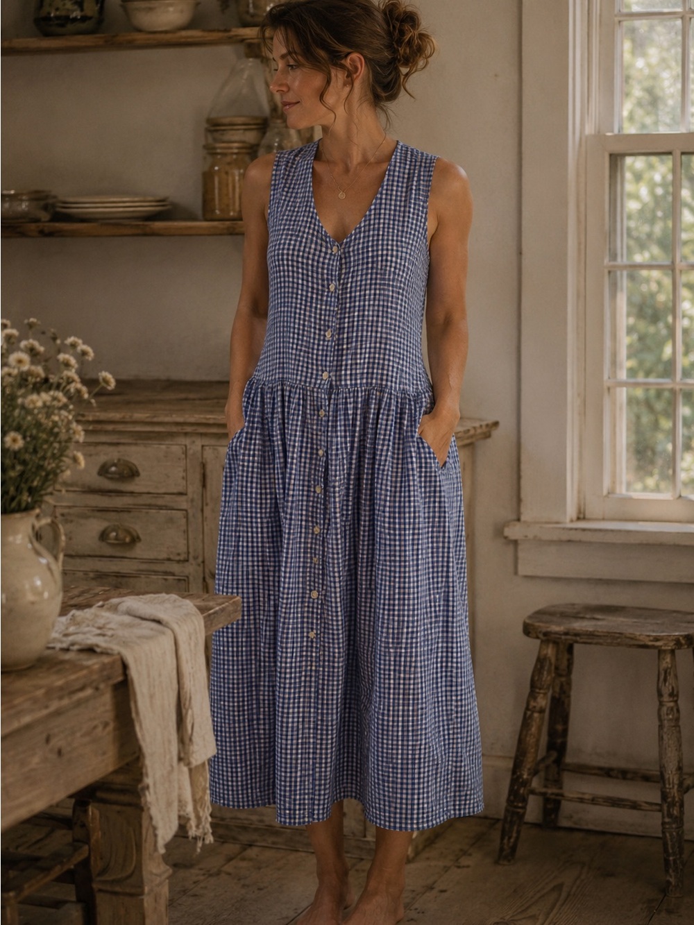NORTHERN REFLECTION | 100% Cotton Vintage Midi Dress | Blue Gingham Button-Down